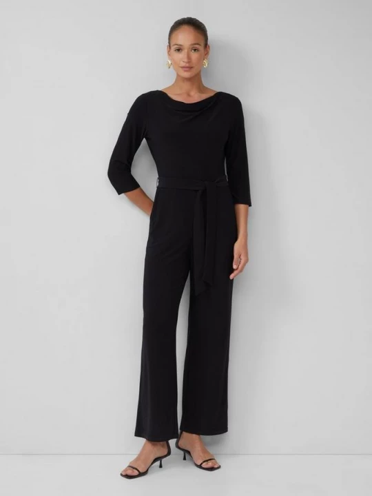 Foto van product Soepel vallende jumpsuit met watervalhals en strikceintuur s.Oliver zwart