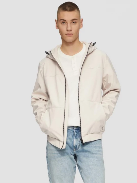 Foto van product Softshell jack met capuchon en geribde manchetten QS grijs