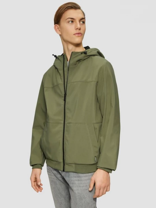 Foto van product Softshell jack met capuchon en geribde manchetten QS olijfgroen