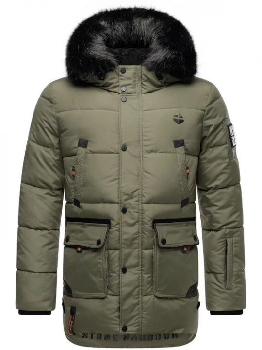 Foto van product STONE HARBOUR Winterjas 'Mironoo' donkergroen / lichtrood / zwart