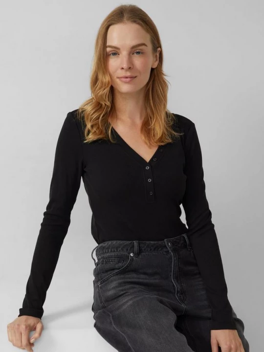 Foto van product T-shirt met knoopsluiting en zachte ribstof s.Oliver zwart