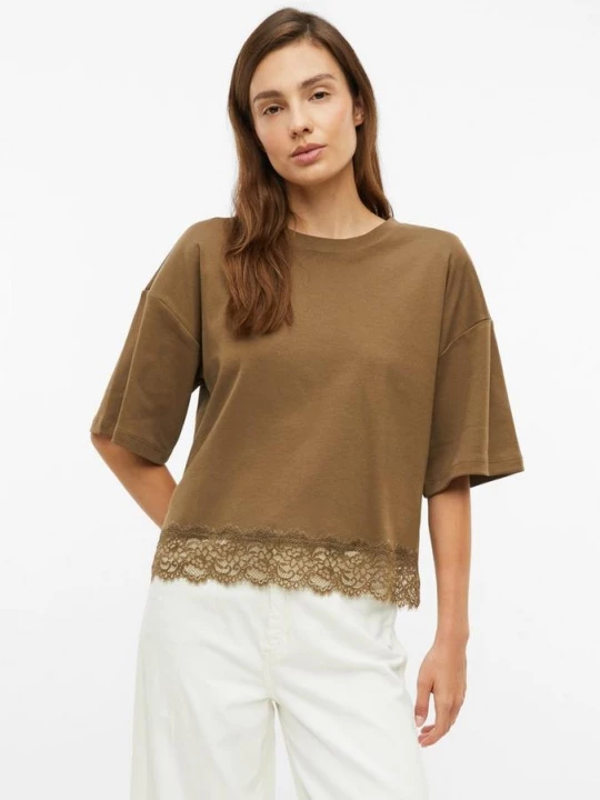 Foto van product T-shirt met oversized mouwen en kanten rand s.Oliver bruin