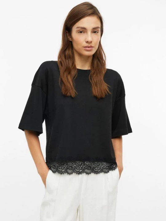 Foto van product T-shirt met oversized mouwen en kanten rand s.Oliver zwart