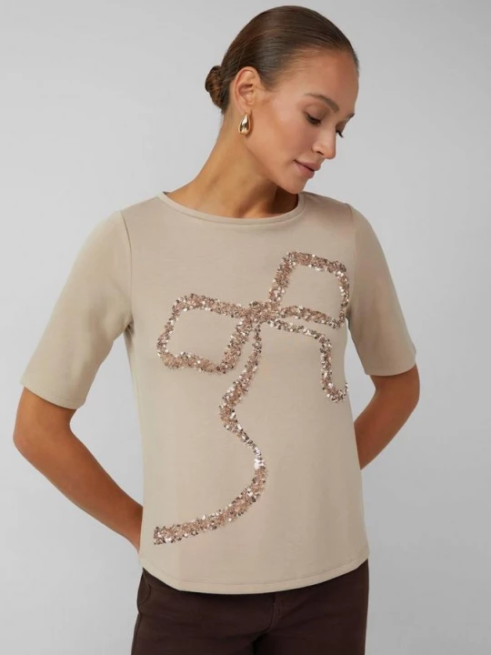 Foto van product T-shirt met pailletten in een ontspannen pasvorm van scubastof s.Oliver beżowy