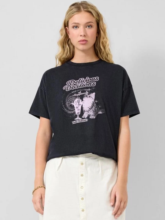 Foto van product T-shirt met print op voorzijde QS zwart