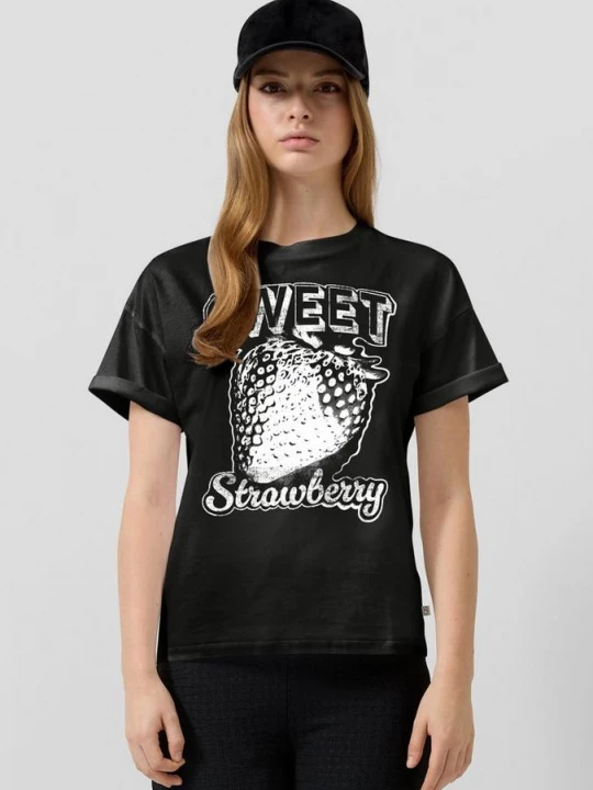 Foto van product T-shirt met print op voorzijde QS zwart