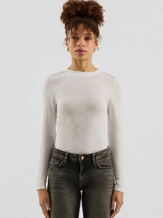 Foto van product T-Shirt met studs in slim fit ribstof QS crème