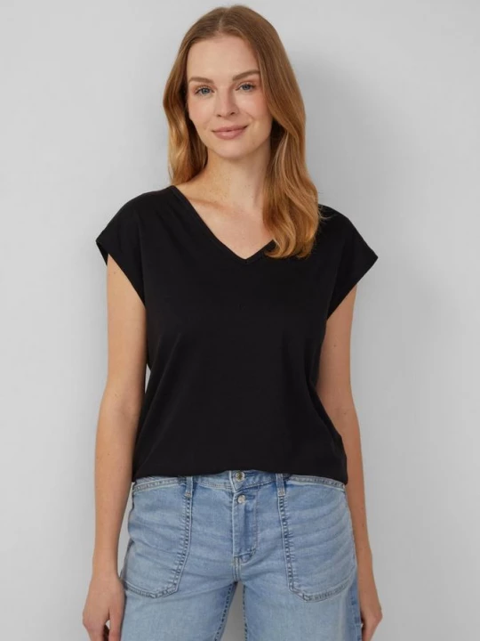 Foto van product T-shirt met V-hals en detail op de achterkant s.Oliver zwart