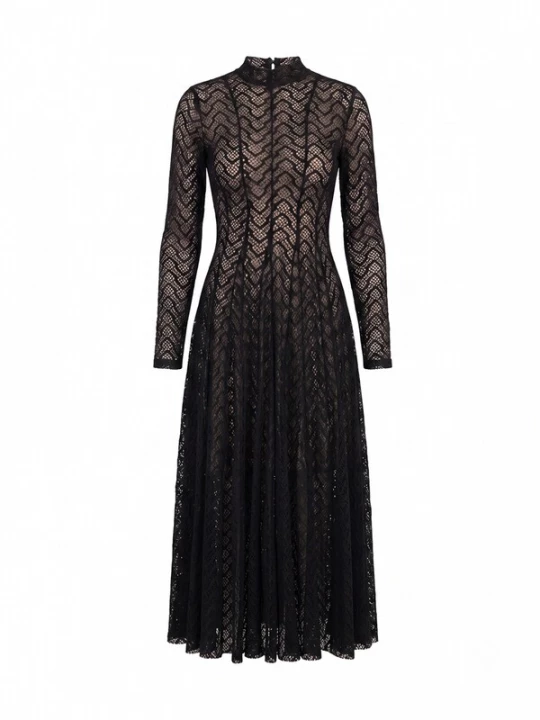 Foto van product Tantra Avondjurk 'Vestido largo de manga larga de encaje con textura, falda de vuelo con pinzas (BLACK)' zwart