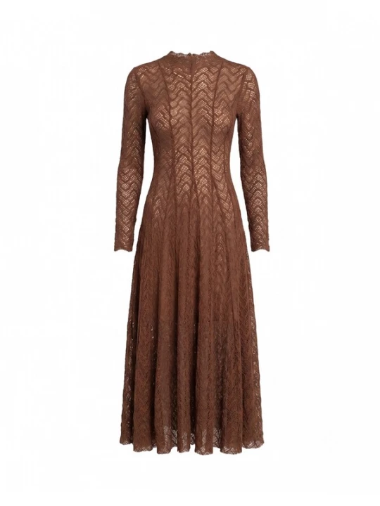 Foto van product Tantra Avondjurk 'Vestido largo de manga larga de encaje con textura, falda de vuelo con pinzas (BROWN)' bruin