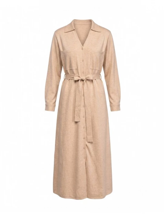 Foto van product Tantra Gebreide jurk 'Vestido camisero de punto largo con bolsillos en el pecho y cinturon. (BEIGE)' beige