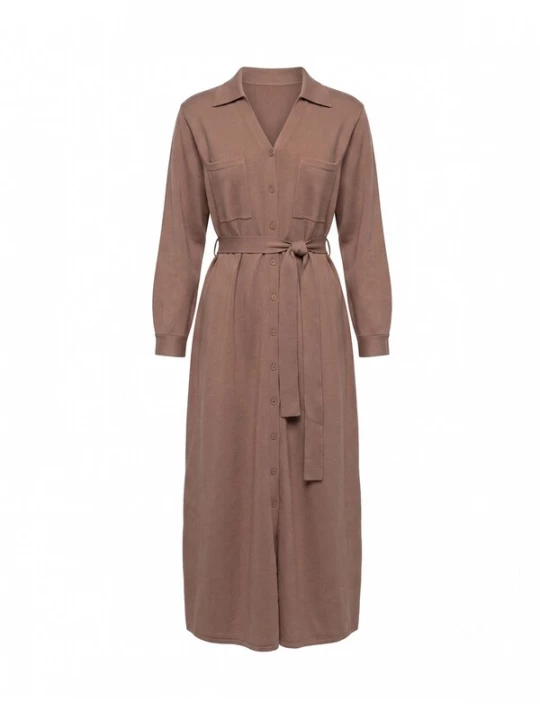 Foto van product Tantra Gebreide jurk 'Vestido camisero de punto largo con bolsillos en el pecho y cinturon. (BROWN)' bruin