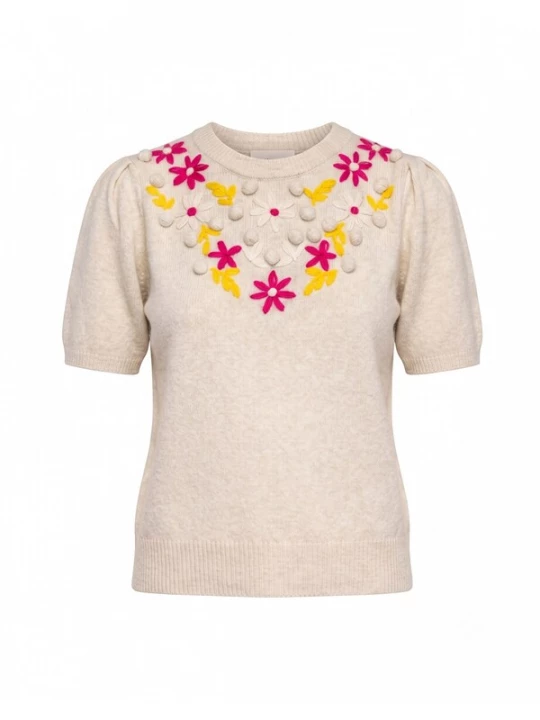 Foto van product Tantra Trui 'Jersey de manga corta con flores bordadas y frunce en el hombro (BEIGE)' beige