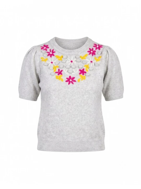 Foto van product Tantra Trui 'Jersey de manga corta con flores bordadas y frunce en el hombro (GRIS)' grijs