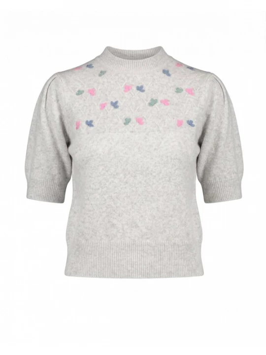 Foto van product Tantra Trui 'Jersey de manga corta con pajaritos bordados y frunce en el hombro (GRIS)' grijs