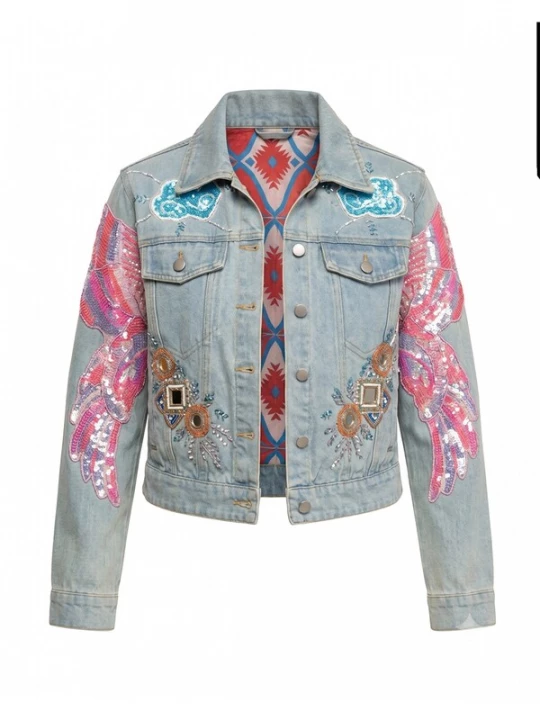 Foto van product Tantra Tussenjas 'Chaqueta denim con dibujo de mariposa bordado y lentejuelas' blauw denim