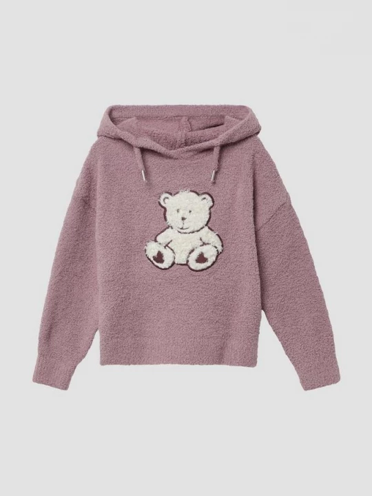 Foto van product Teddy pluche gebreide trui met capuchon en applicatie aan de voorkant s.Oliver roze