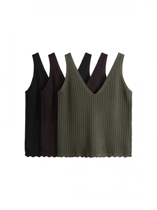 Foto van product The Set Gebreide top chocoladebruin / olijfgroen / zwart