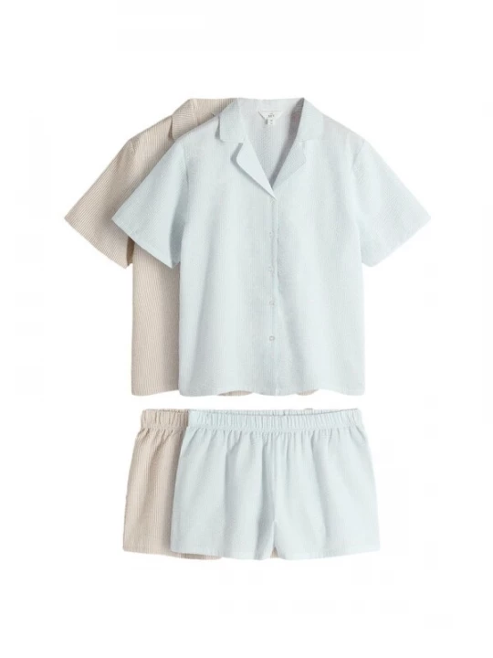 Foto van product The Set Korte pyjama donkerbeige / lichtblauw / wit