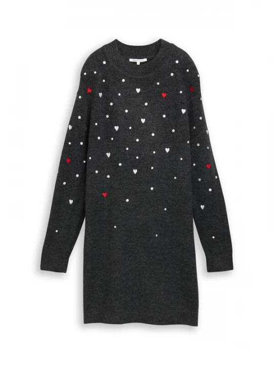 Foto van product TOM TAILOR DENIM Gebreide jurk rood / zwart gemêleerd / wit