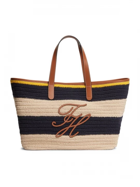 Foto van product TOMMY HILFIGER Shopper 'Woven Stripe Logo Appliqué Tote' beige / navy / karamel / geel