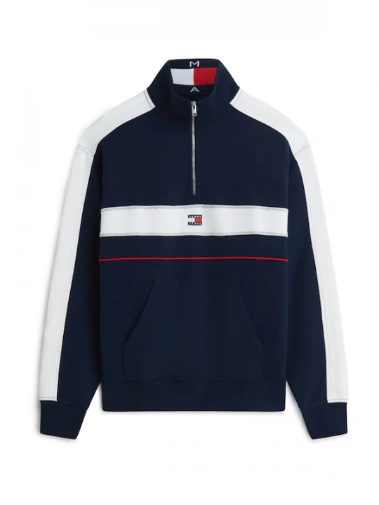 Foto van product Tommy Jeans Sweatshirt 'Colour-blocked Quarter-zip Relaxed' donkerblauw / rood / wit