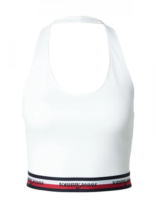 Foto van product Tommy Jeans Top 'Logo Tape Slim Halterneck Crop' navy / robijnrood / wit