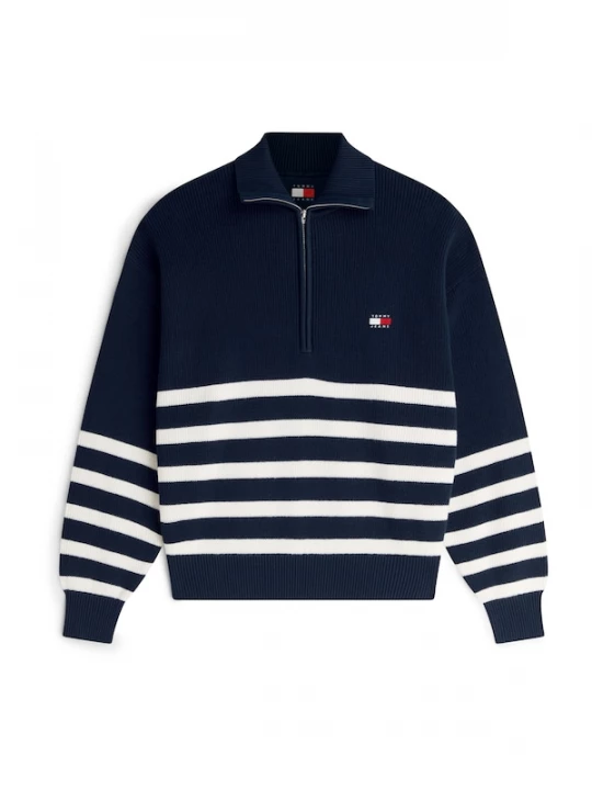 Foto van product Tommy Jeans Trui 'Tommy Badge Stripe Quarter-zip' marine / wit