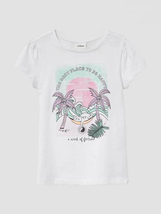 Foto van product Uitlopend T-shirt met glitterprint en pofmouwen s.Oliver wit