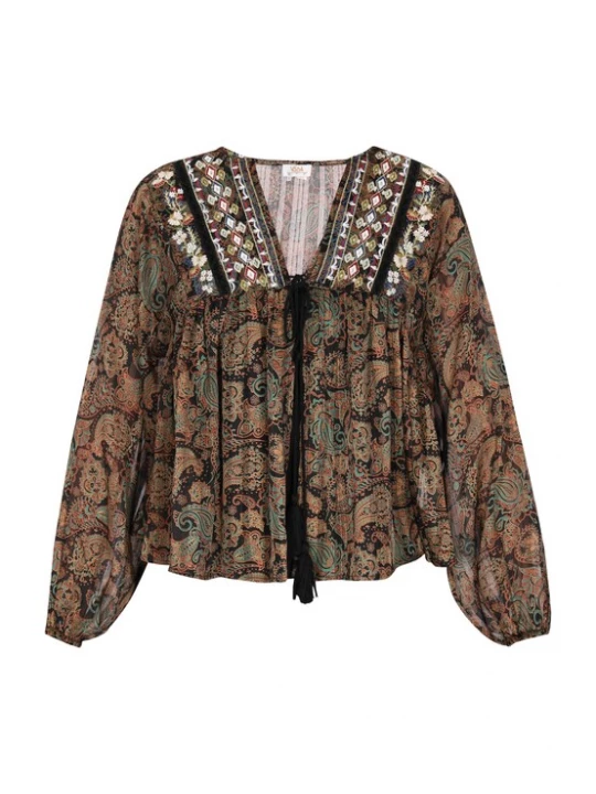 Foto van product usha FESTIVAL Blouse 'Folklore' cyaan blauw / karamel / zwart / wit