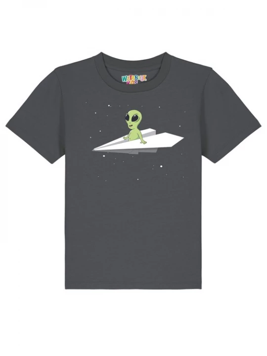 Foto van product watabout.kids Shirt 'Alien On A Paper Plane' antraciet / lichtgrijs / groen