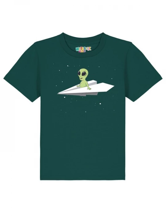Foto van product watabout.kids Shirt 'Alien On A Paper Plane' stone grey / lichtgroen / donkergroen / wit