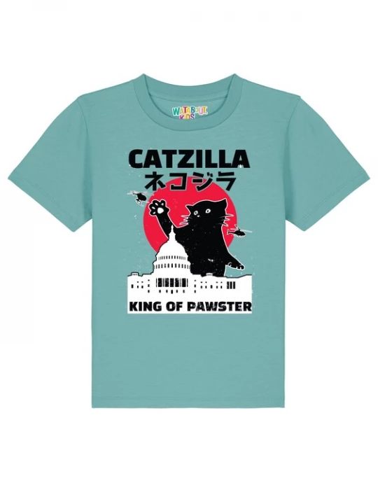 Foto van product watabout.kids Shirt 'Catzilla' cyaan blauw / lichtrood / zwart / wit