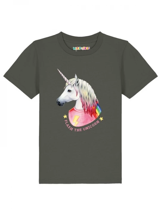 Foto van product watabout.kids Shirt 'Flash the unicorn' kaki / rosa / rood / wit
