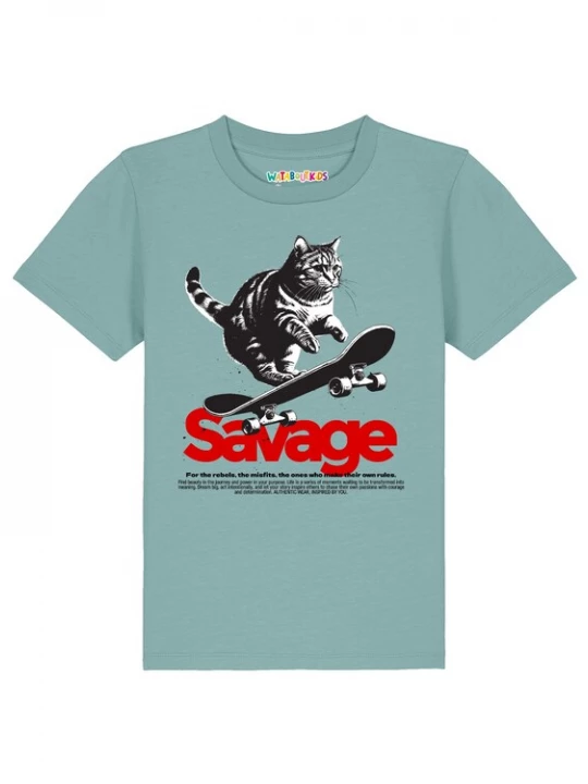 Foto van product watabout.kids Shirt 'Savage Cat' turquoise / rood / zwart / wit