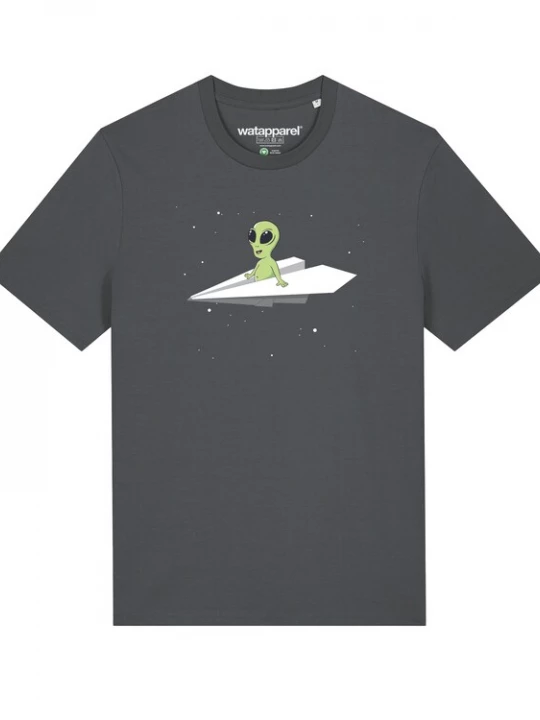 Foto van product Watapparel Shirt 'Alien on a paper plane' antraciet / gemengde kleuren