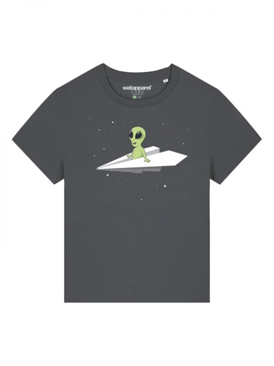 Foto van product Watapparel Shirt ' Alien on a paper plane ' antraciet / groen / wit
