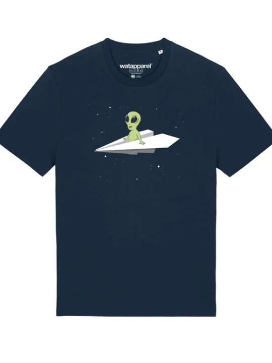 Foto van product Watapparel Shirt ' Alien on a paper plane ' donkerblauw / gemengde kleuren