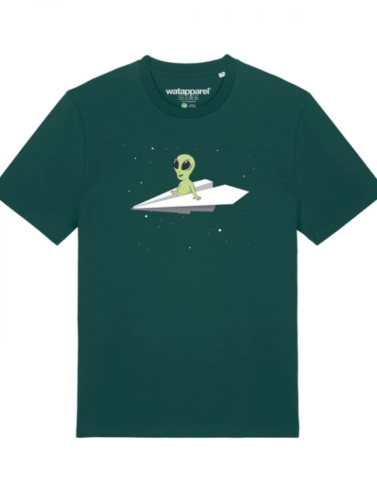 Foto van product Watapparel Shirt 'Alien on a paper plane' donkergroen / gemengde kleuren