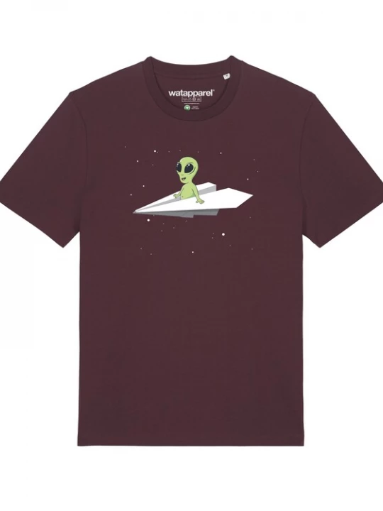 Foto van product Watapparel Shirt ' Alien on a paper plane ' gemengde kleuren / donkerrood