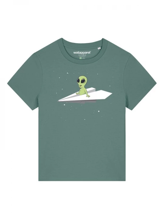 Foto van product Watapparel Shirt ' Alien on a paper plane ' groen / gemengde kleuren