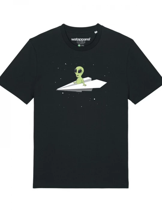 Foto van product Watapparel Shirt 'Alien on a paper plane' groen / zwart / wit