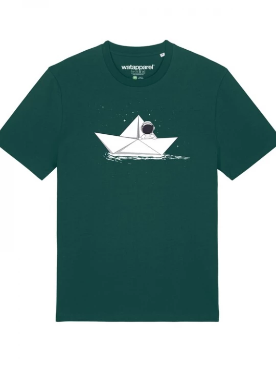 Foto van product Watapparel Shirt ' Astronaut in paper boat ' donkergroen / zwart / wit