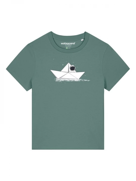 Foto van product Watapparel Shirt ' Astronaut in paper boat ' groen / zwart / wit