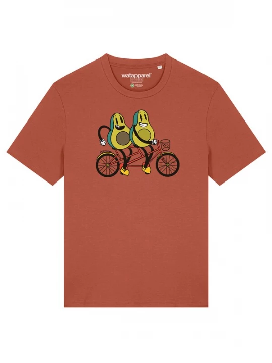 Foto van product Watapparel Shirt 'Avocado Fahrrad' roestbruin / pastelgroen / zwart