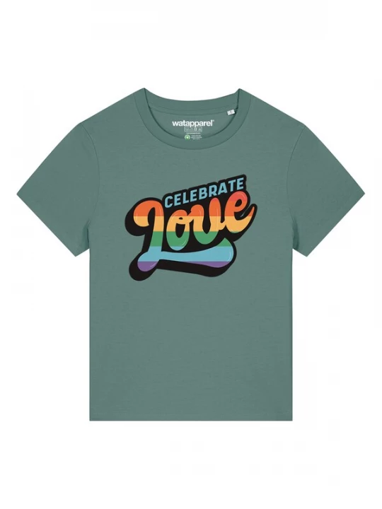 Foto van product Watapparel Shirt 'Celebrate Love' lichtblauw / jade groen / oranje / zwart