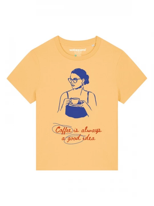 Foto van product Watapparel Shirt 'Coffee Is A Good Idea' saffier / goudgeel / oranjerood