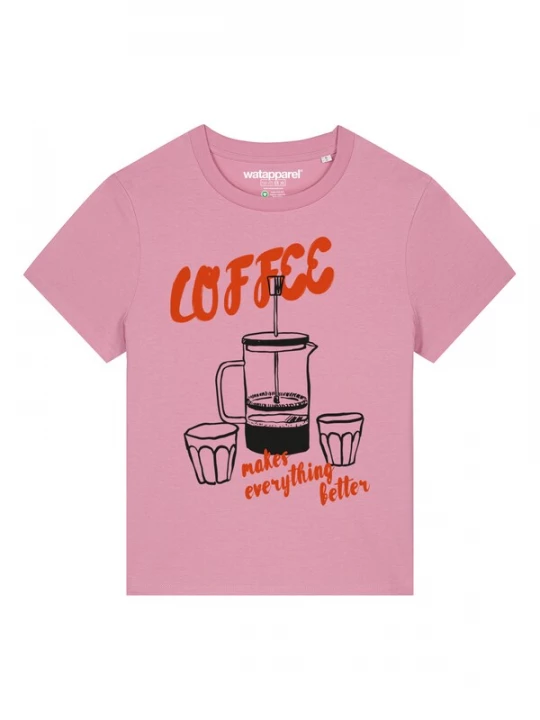 Foto van product Watapparel Shirt ' Coffee makes everything better ' donkeroranje / rosa / zwart