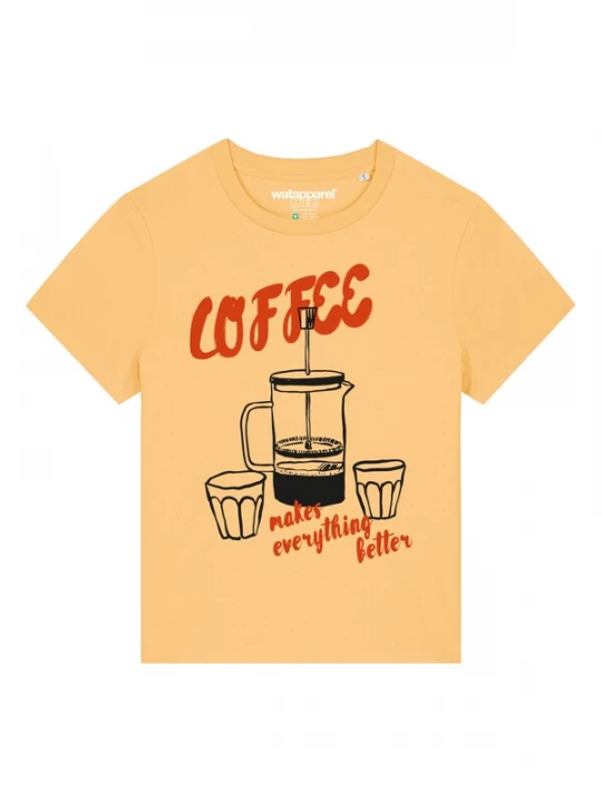 Foto van product Watapparel Shirt ' Coffee makes everything better ' geel / kreeft / zwart