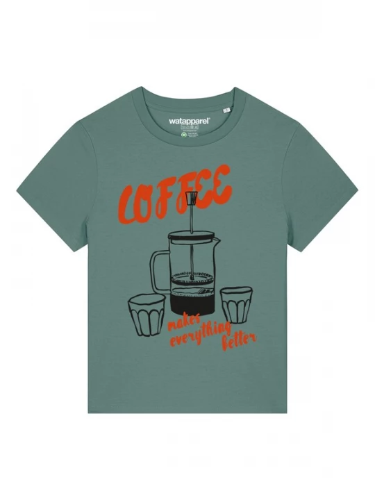 Foto van product Watapparel Shirt ' Coffee makes everything better ' groen / lichtrood / zwart
